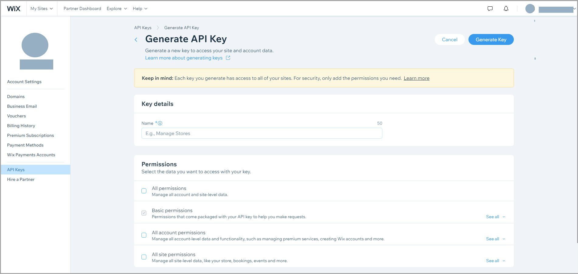 Generate API Key in Wix